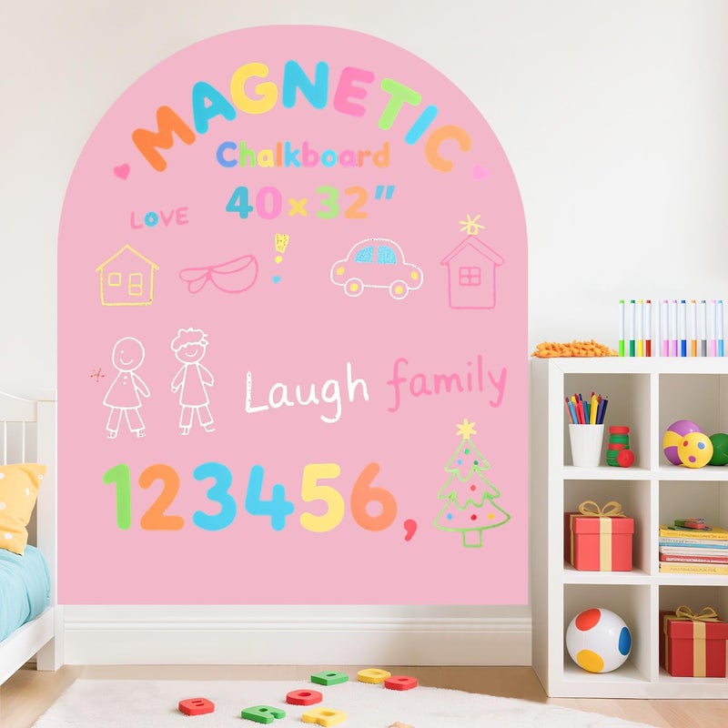 WUPIOS Magnetic Wall Decal for Kids 40x32 Inch Self Adhesive Magnet Arch Chalkboard for Wall Pink Chalkboard Contact Paper Peel and Stick with Letters and 12 Color Liquid Chalk for School Playroom - Image 1